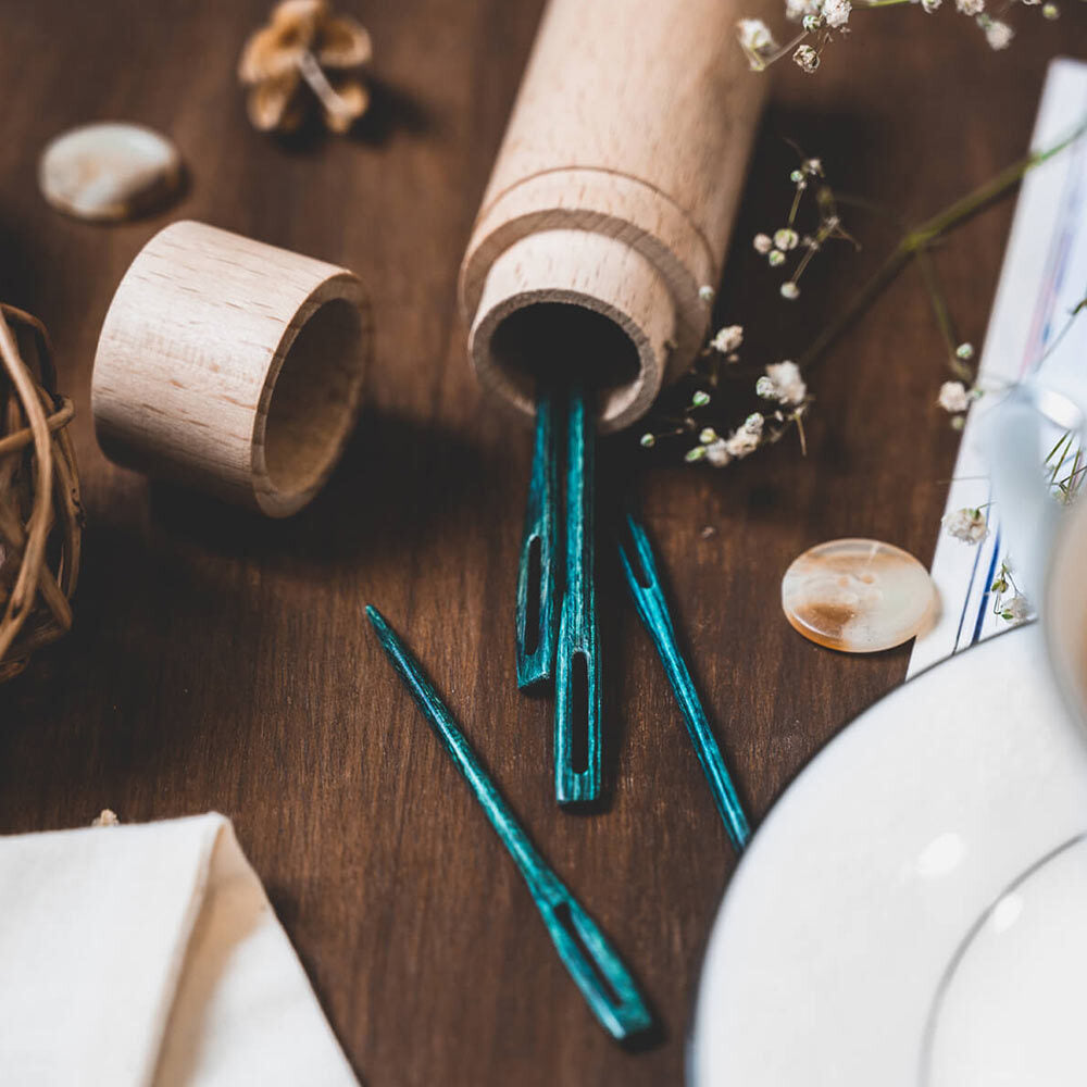 Teal Wooden Darning Needle Container